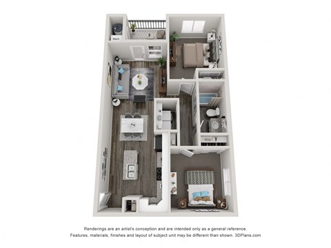 a stylized floor plan with a bedroom and a living room
